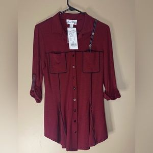 Red and black striped button down stretchy material